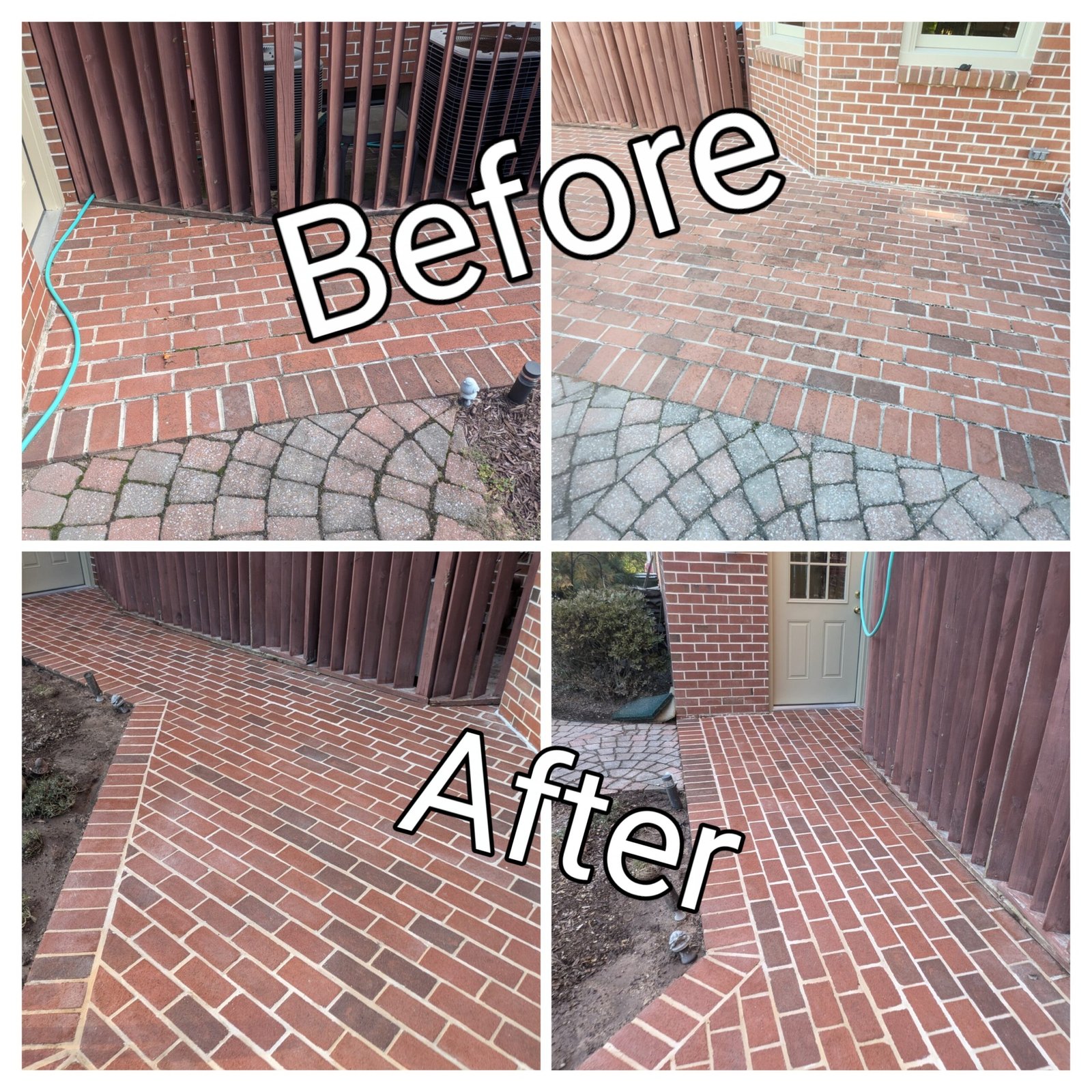 Before and after brick patio repointing in York PA by LBE Masonry showing crumbled joints replaced with fresh mortar