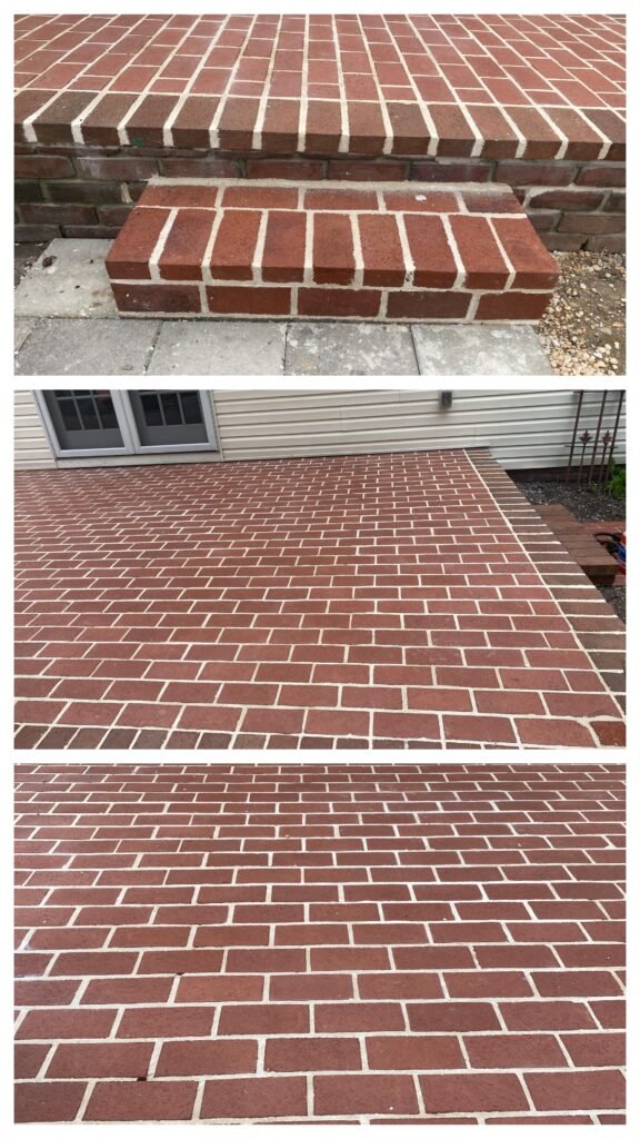 New brick front steps installation with concrete treads and paver driveway in York PA by LBE Masonry