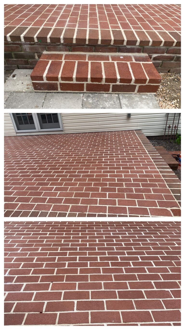 New brick front steps installation with concrete treads and paver driveway in York PA by LBE Masonry