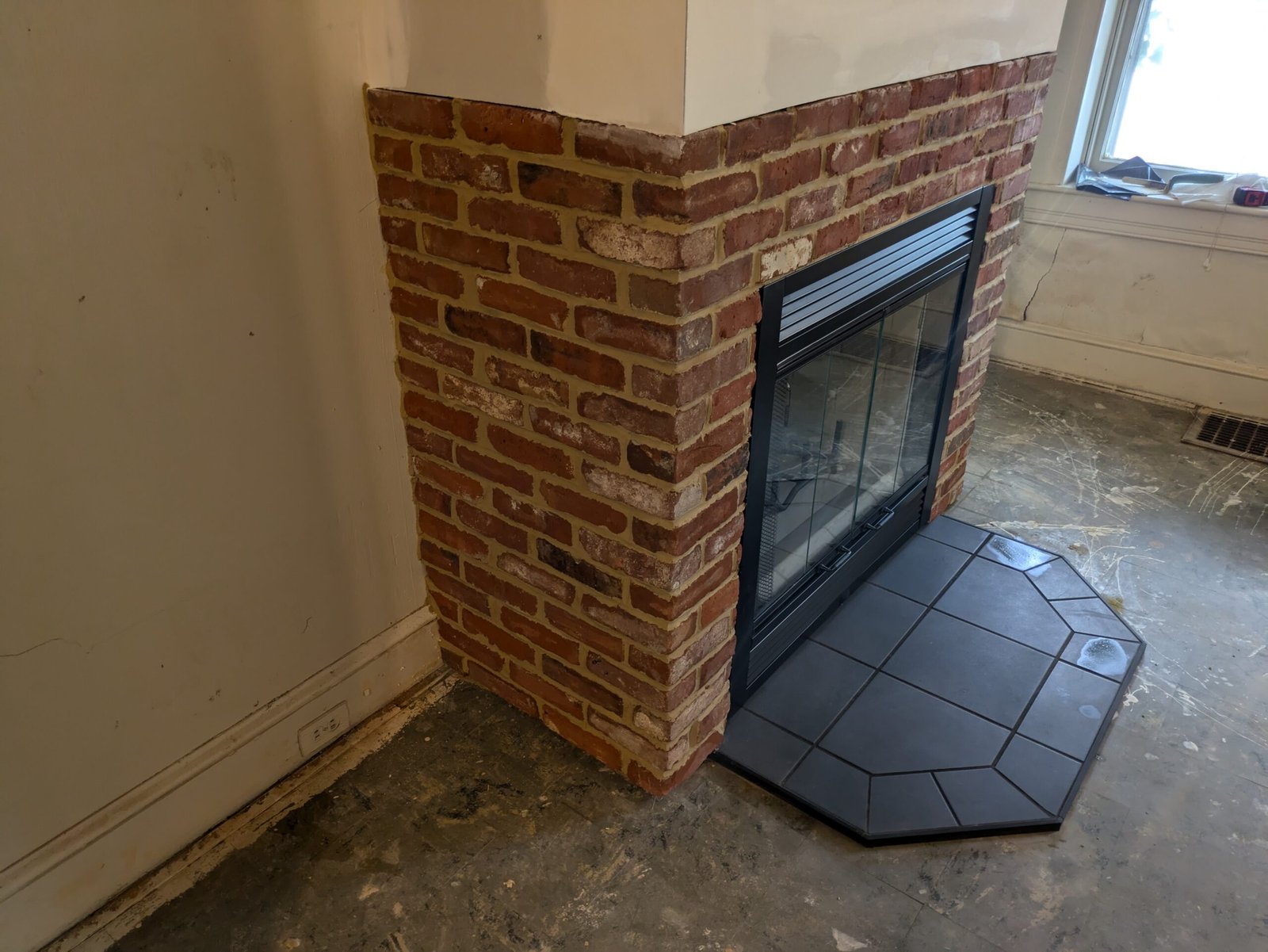 Brick surround fireplace close up mortar joints York PA