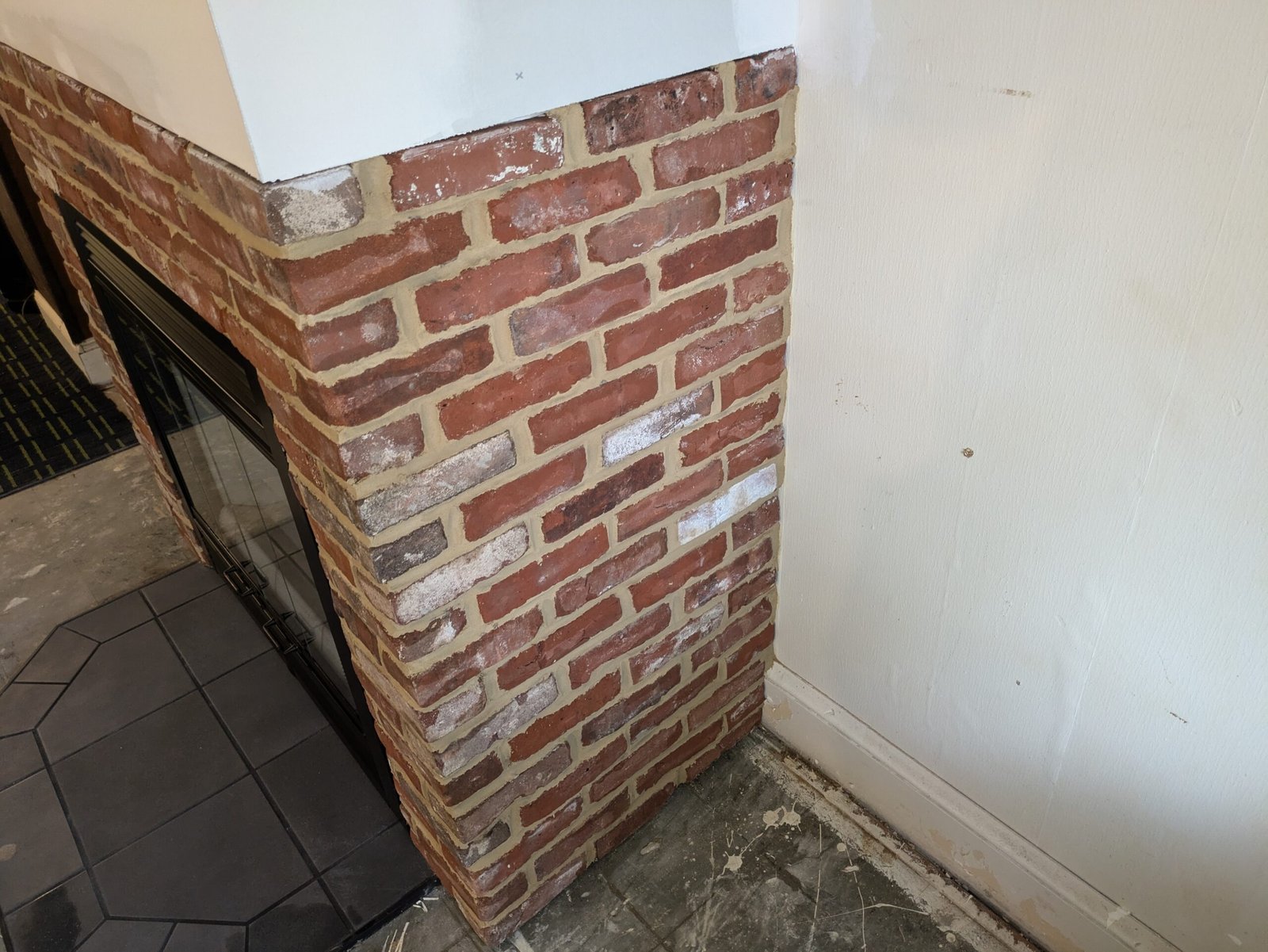 Brick fireplace surround detail view York PA LBE Masonry