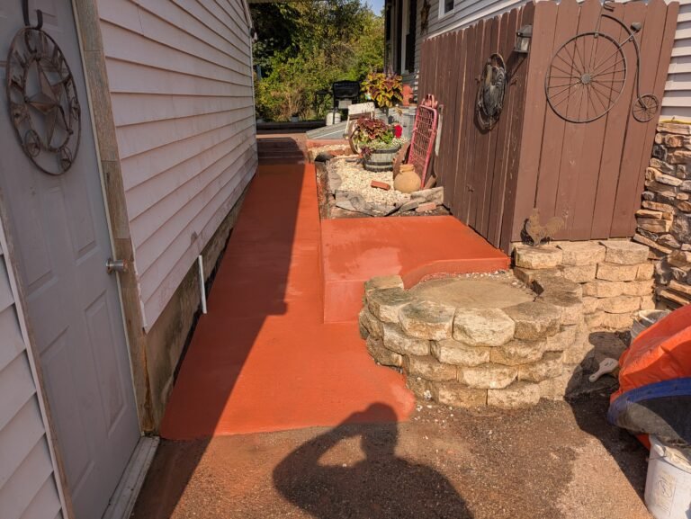 red concrete resurfacing York PA / colored concrete overlay Pennsylvania / dry stack stone wall York County