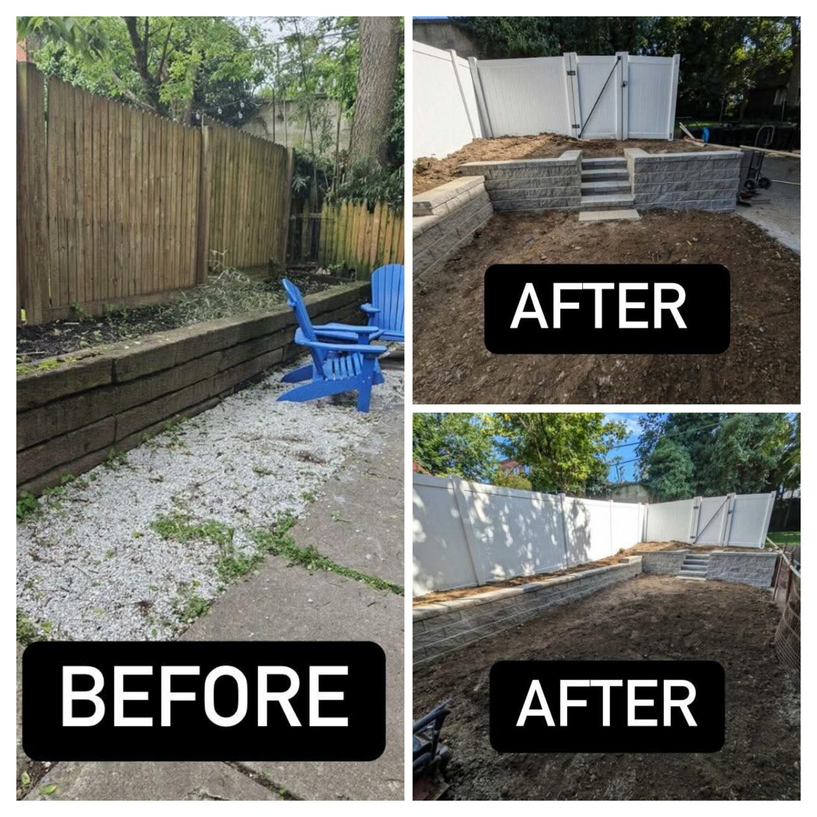 Before and after retaining wall repair by LBE Masonry, York County PA — failed wall rebuilt with proper drainage