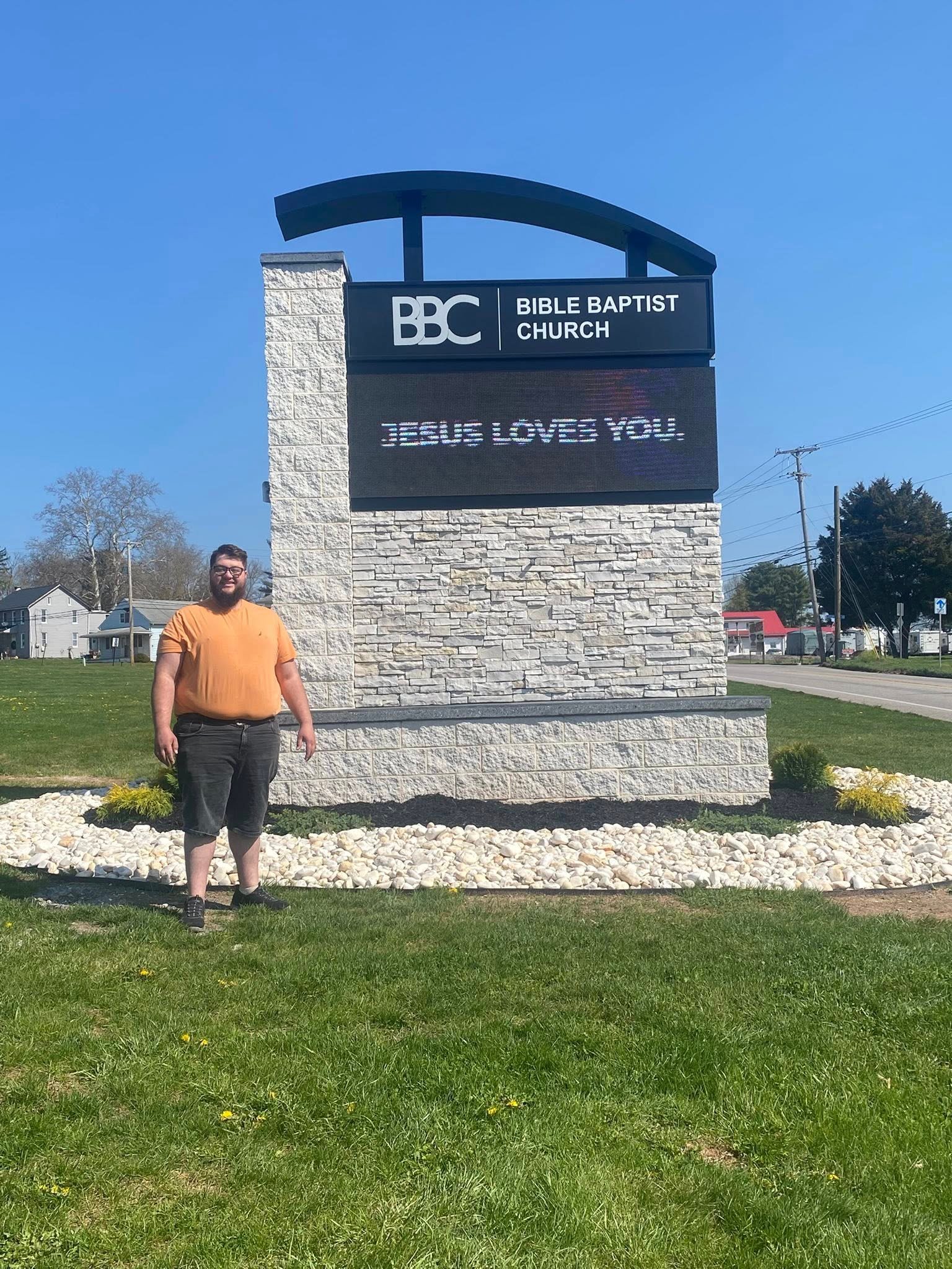 After: new stone veneer monument sign base for Bible Baptist Church York PA built by LBE Masonry